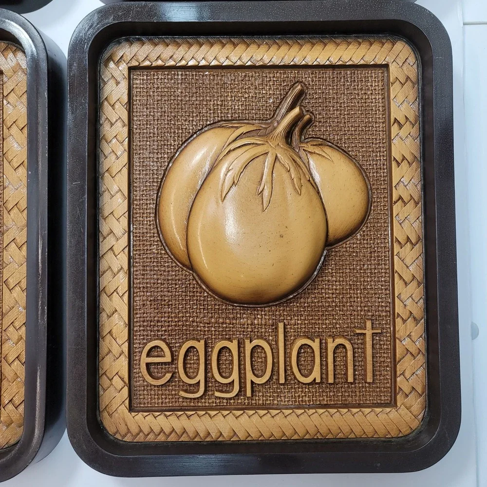 Vtg 1979 Syroco‎ Vegetable Wall Plaques 4pc Mushroom Radish Carrot Eggplant 7567